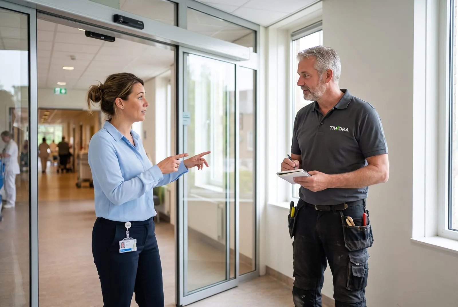 Facilitair manager van een ziekenhuis in gesprek met een TIWORA-monteur bij een automatische deur